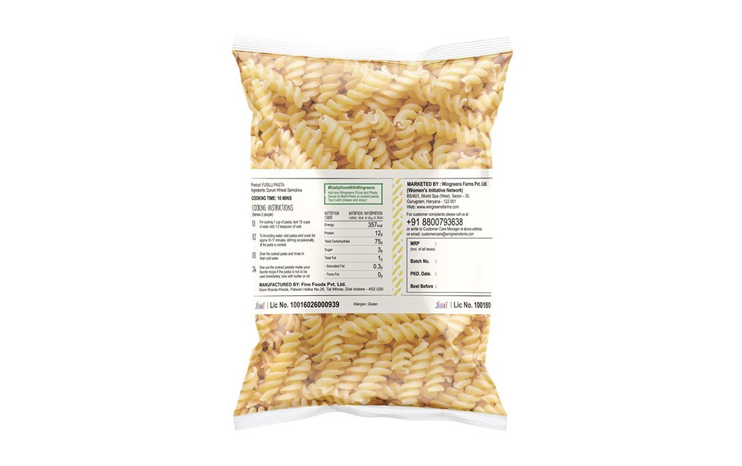 Wingreens Farms Durum Wheat Pasta Fusilli   Pack  400 grams